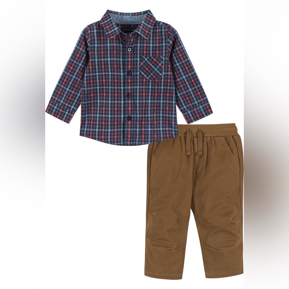 Andy & Evan Check Cotton button-Up Shirt & Pants Set